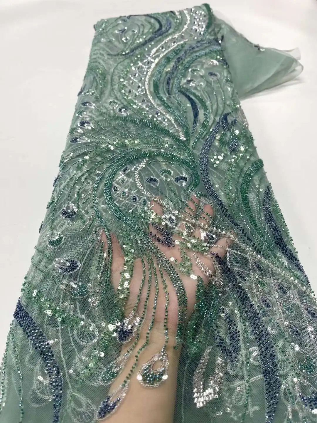 Зеленый цвет, самый продаваемый Французский Нигерийский Блестящий Бисер с пайетками, кружевная ткань 5JRB-42402, вышитое женское шоу или вечернее платье Изображение 0