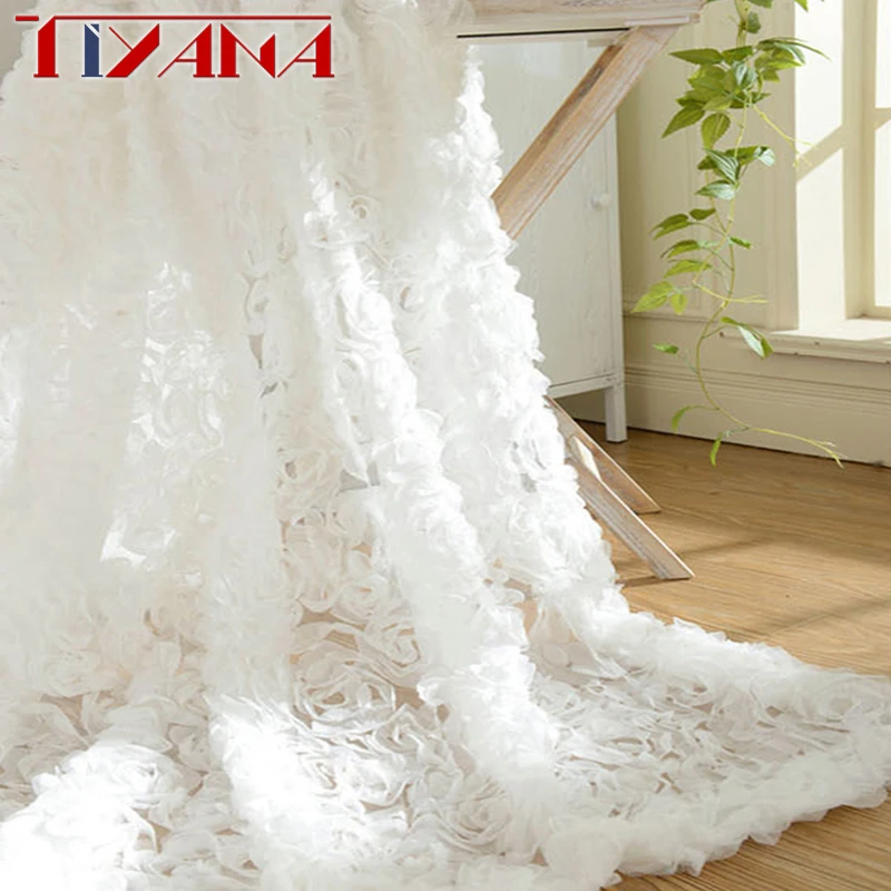 Корейские роскошные Белые кружевные занавески с 3D цветами розы на окна, Розовые тюлевые занавески для гостиной, шторы для декора спальни, шторы Cortinas Изображение 0