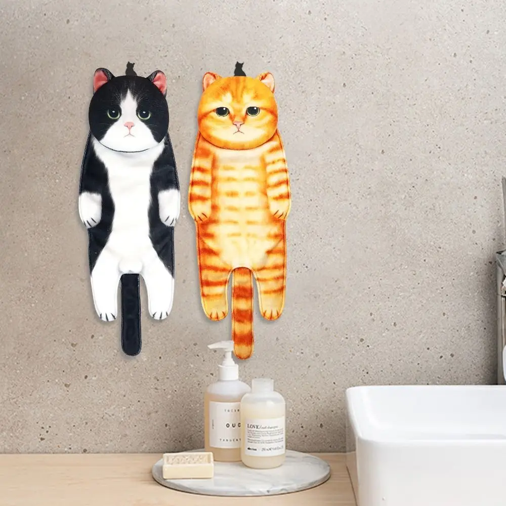 Полотенца для рук с забавным котом, полотенце для ванной и кухни для ручной стирки с подвесными петлями, быстросохнущие креативные полотенца из мягкой впитывающей микрофибры. Изображение 2