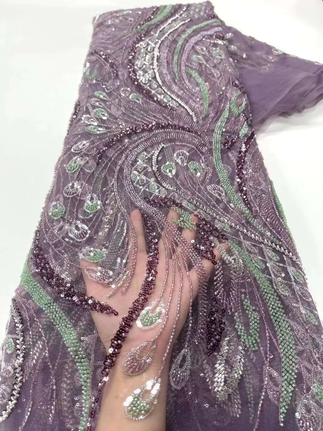 Зеленый цвет, самый продаваемый Французский Нигерийский Блестящий Бисер с пайетками, кружевная ткань 5JRB-42402, вышитое женское шоу или вечернее платье Изображение 3