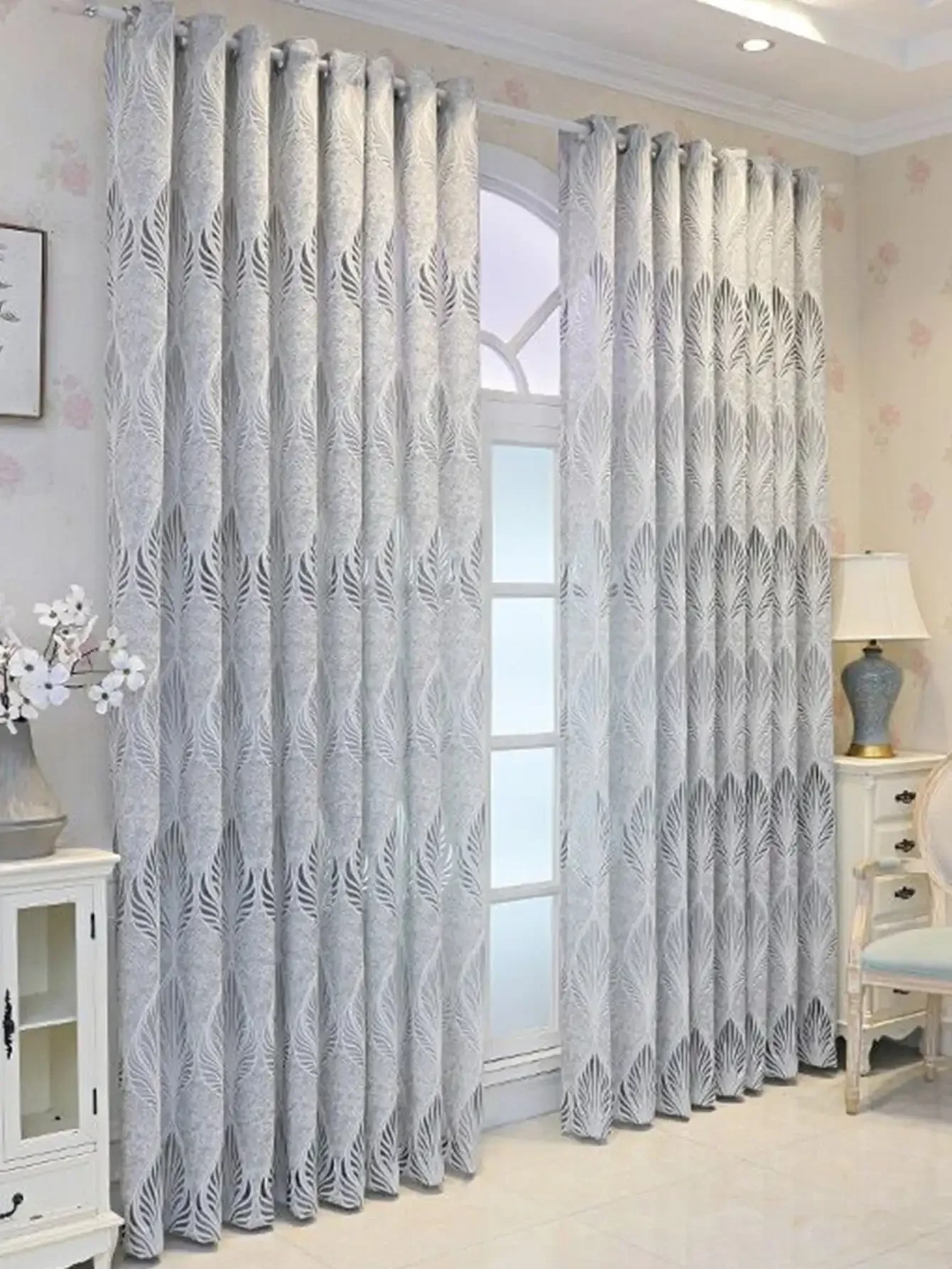 * Бело-серые утолщенные высококачественные шторы в европейском стиле с вышивкой в европейском стиле для спальни, прозрачный тюль для гостиной, люверс сверху, Изображение 4