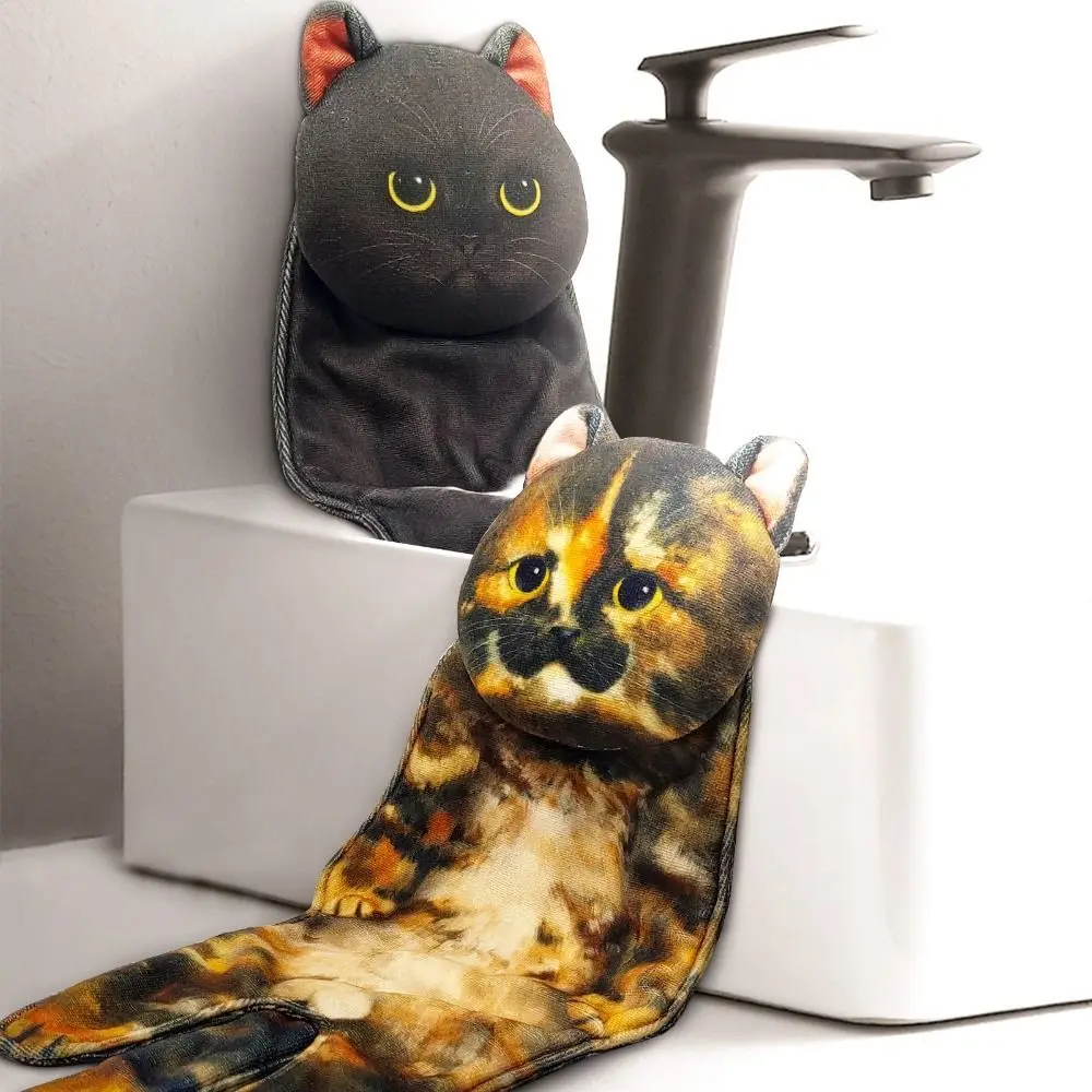 Полотенца для рук с забавным котом, полотенце для ванной и кухни для ручной стирки с подвесными петлями, быстросохнущие креативные полотенца из мягкой впитывающей микрофибры. Изображение 4